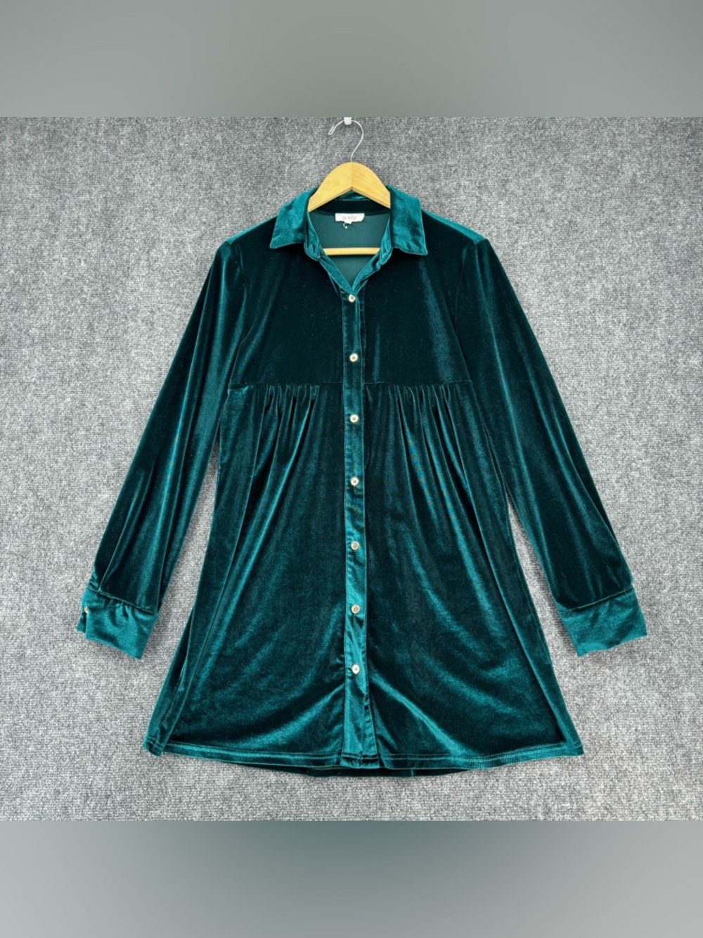 La Miel Green Velvet Button Down Collar Mini Shirt Dress Women’s S Whimsigoth